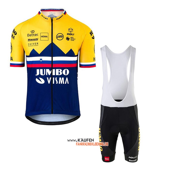 Jumbo Visma Kurzarmtrikot 2020 und Kurze Tragerhose Visma Gelb Blau